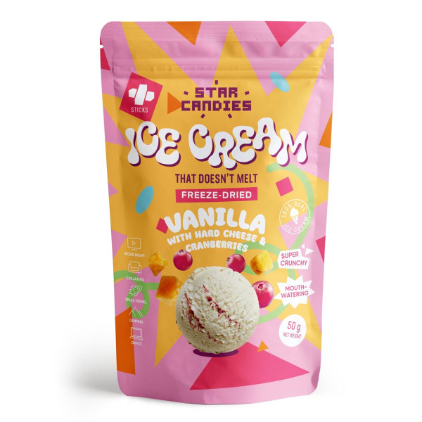STAR CANDIES liofilizowane lody waniliowe z serem twardym i żurawiną, 50g STAR CANDIES liofilizowane lody waniliowe z serem twardym i żurawiną, 50g