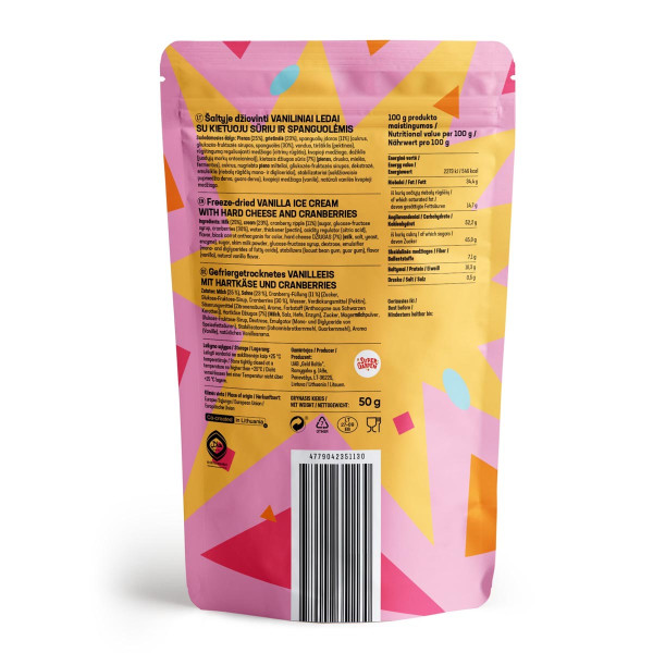 STAR CANDIES liofilizowane lody waniliowe z serem twardym i żurawiną, 50g STAR CANDIES liofilizowane lody waniliowe z serem twardym i żurawiną, 50g