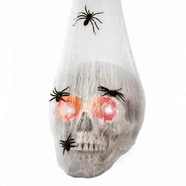 Wisząca czaszka w pajęczej sieci z pająkami (z diodą LED i dźwiękiem)