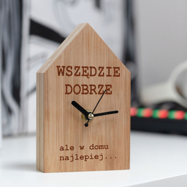 Bambusowy zegar w kształcie domku "W domu najlepiej"