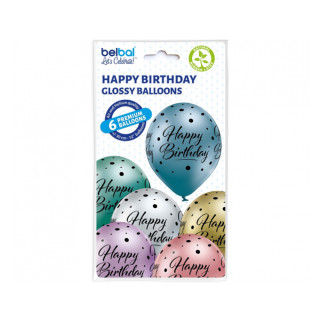 Balony „Happy Birthday” z kropkami (6 szt.)