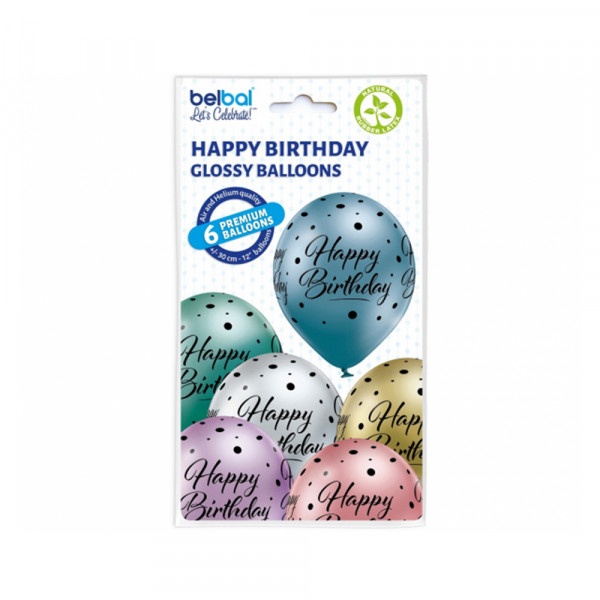 Balony „Happy Birthday” z kropkami (6 szt.)