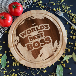 Okrągła bambusowa deska do krojenia "World's best boss"