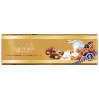 XL „LINDT GOLD” czekolada mleczna z rodzynkami, orzechami laskowymi oraz migdałami, 300 g