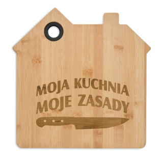 Bambusowa deska do krojenia w kształcie domu "Moja kuchnia, moje zasady"