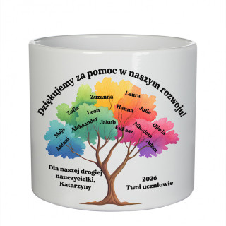 Ceramiczna doniczka z napisem "Dziękujemy za pomoc w rozwoju" i imionami dzieci Ceramiczna doniczka z napisem "Dziękujemy za pomoc w rozwoju" i imionami dzieci