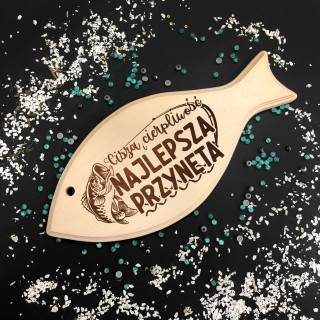Drewniana deska do krojenia w kształcie ryby, grawerowana XL "Najlepsza przynęta"