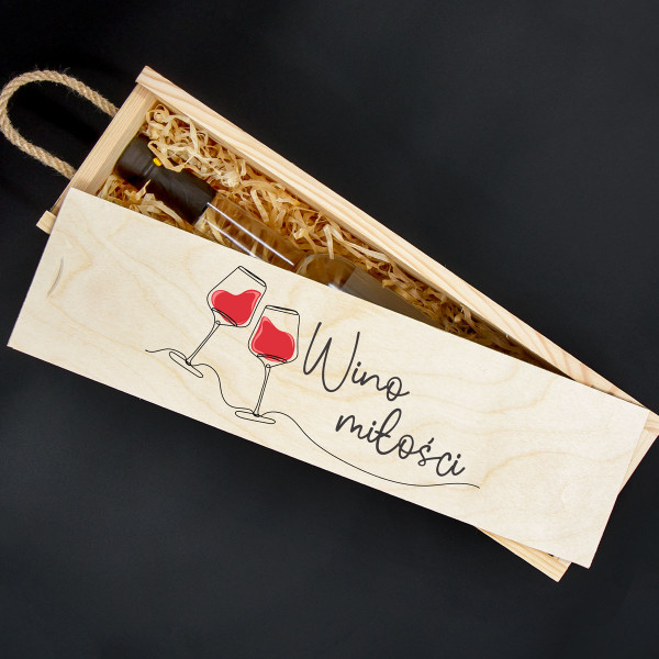 Drewniana skrzynka na butelki "Wino miłości"