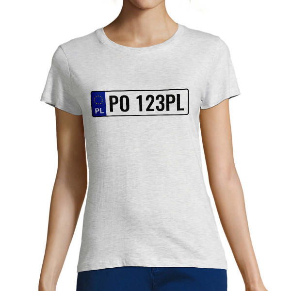 Damska koszulka "Rejestracyjny numer samochodu" z wybranym przez Ciebie numerem rejestracyjnym