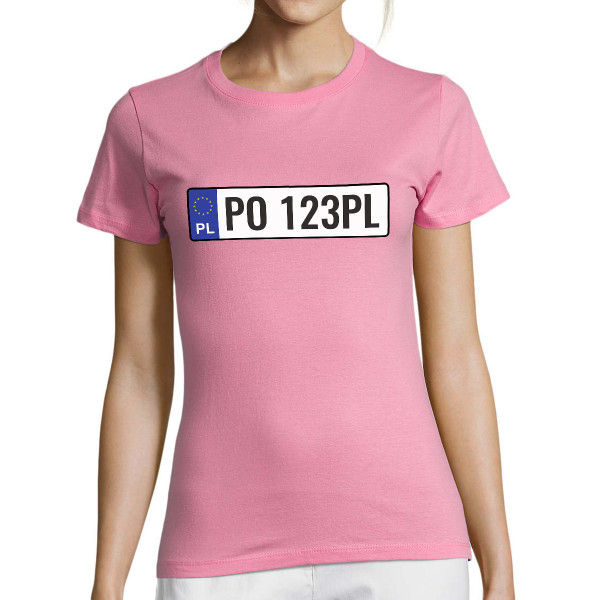 Damska koszulka "Rejestracyjny numer samochodu" z wybranym przez Ciebie numerem rejestracyjnym