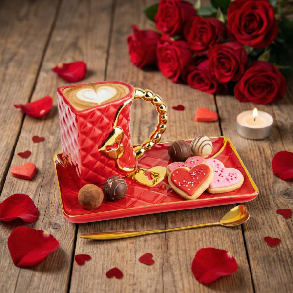 Kubek "Torebka" ze spodkiem i łyżeczką w kształcie serca