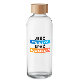 Szklana butelka na wodę "Jeść, ćwiczyć, spać, powtarzać" (650ml)