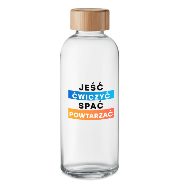 Szklana butelka na wodę "Jeść, ćwiczyć, spać, powtarzać" (650ml)