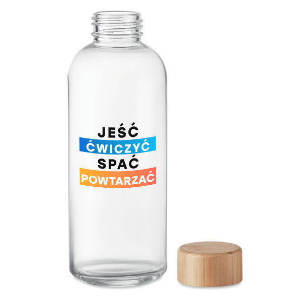 Szklana butelka na wodę "Jeść, ćwiczyć, spać, powtarzać" (650ml)