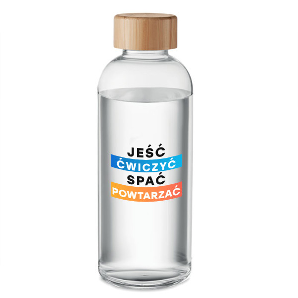 Szklana butelka na wodę "Jeść, ćwiczyć, spać, powtarzać" (650ml)