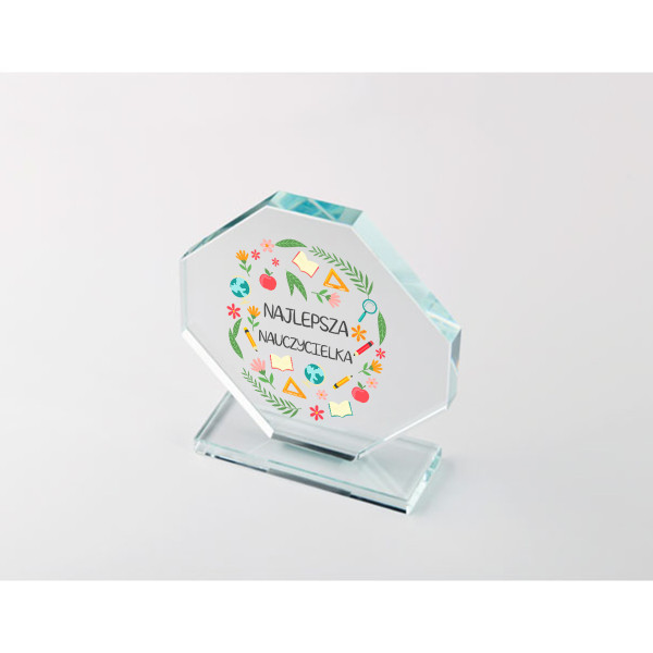 Szklane trofeum w pudełku prezentowym "Najlepsza nauczycielka"